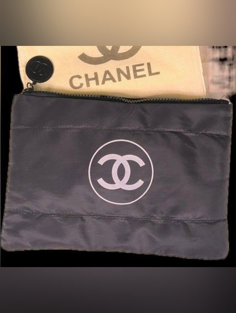 CHANEL Black and White Logo Quilted Lined Pouch with Dust Bag